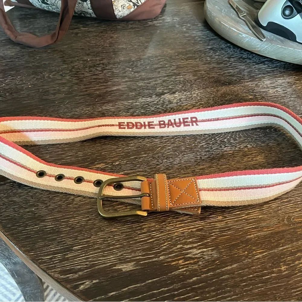 Eddie Bauer Punk& Tan Striped Leather Belt sz M 33-37” EUC
